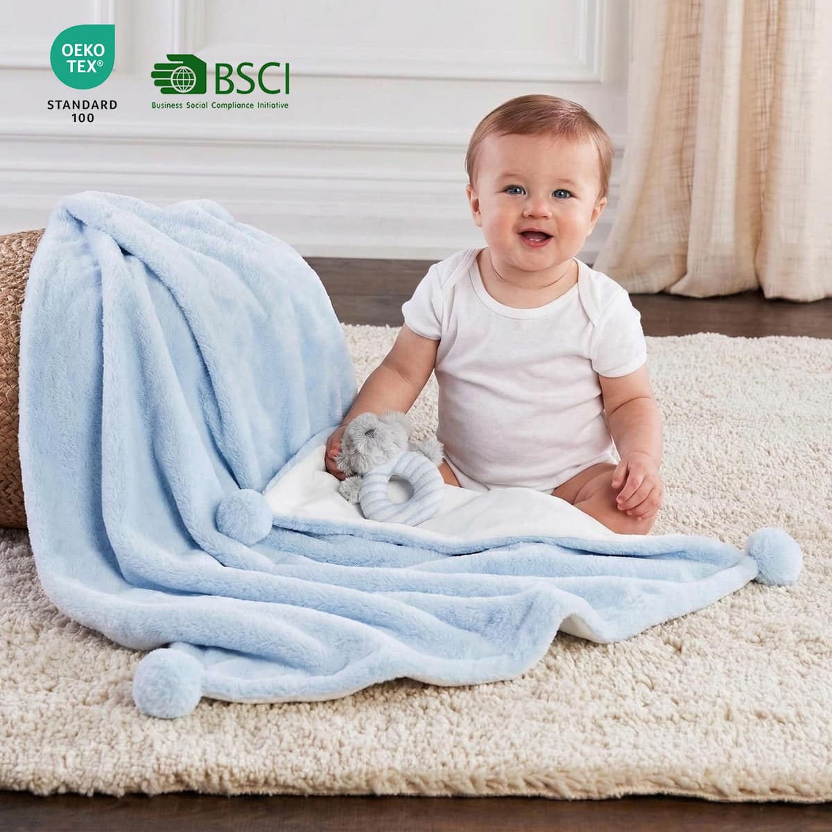 Luxurious Soft Baby Blanket with Cute Pom Poms Dual Layer Newborn