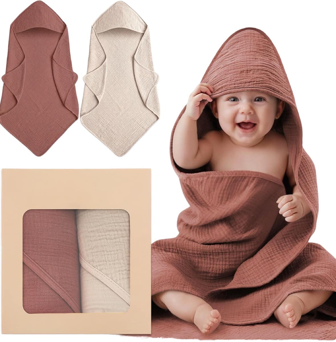 6 Layers Infancie 100% Cotton Muslin Hooded Baby Towels 90x90cm Soft