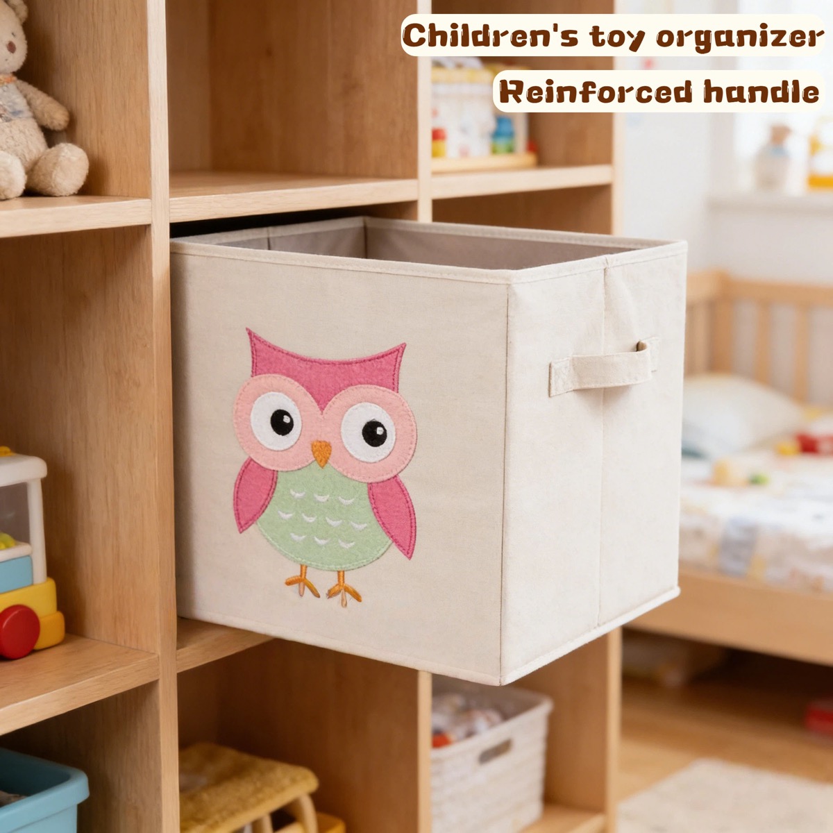 Cute Owl Felt Applique Foldable Fabric Storage Cube, Kids Toy Organizer